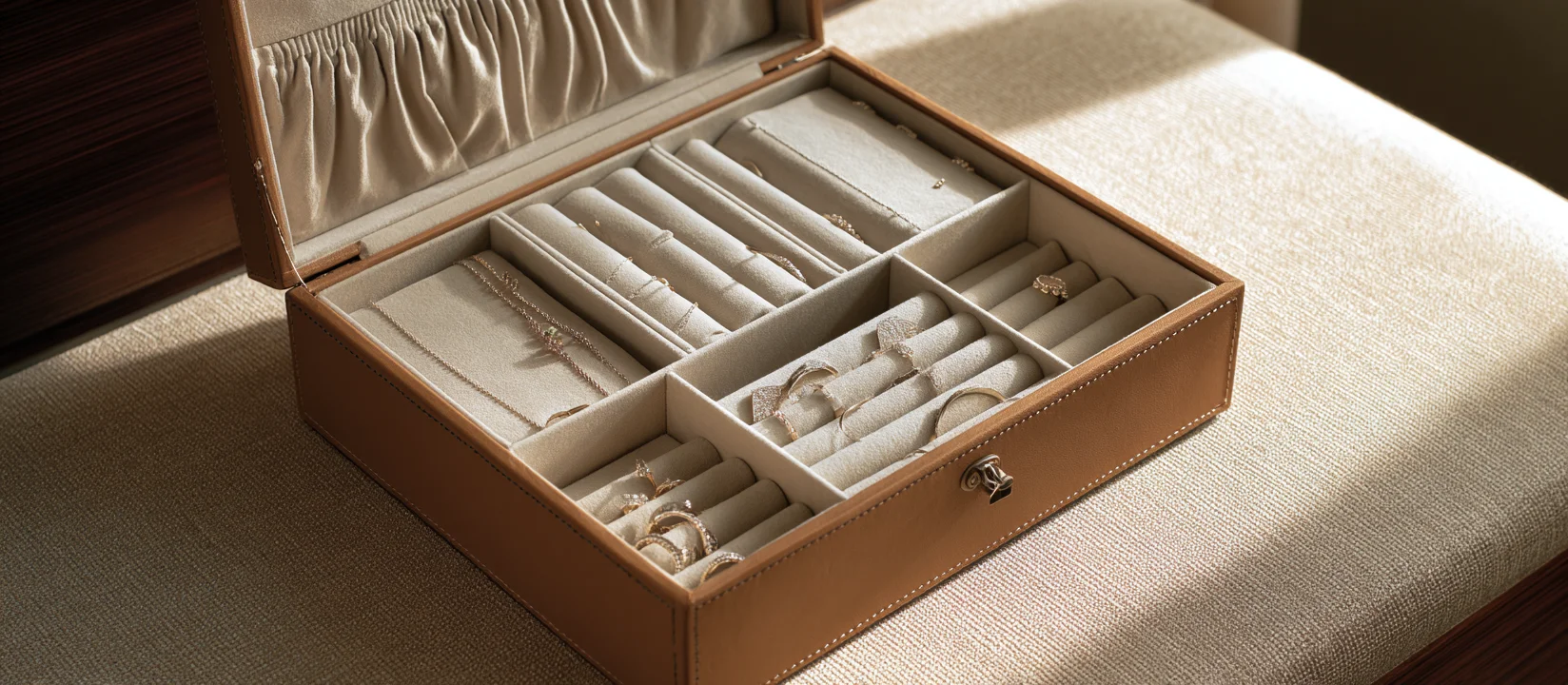 A compartmentalized tray from one of the drawer-style leather jewelry boxes serves as an effective ring and necklace organizer.